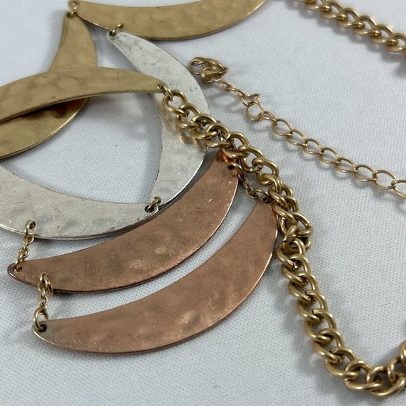 Hammered Copper Brass Silver Tone Bib Necklace Statement Brutalist Metal 15-19" - Picture 7 of 7